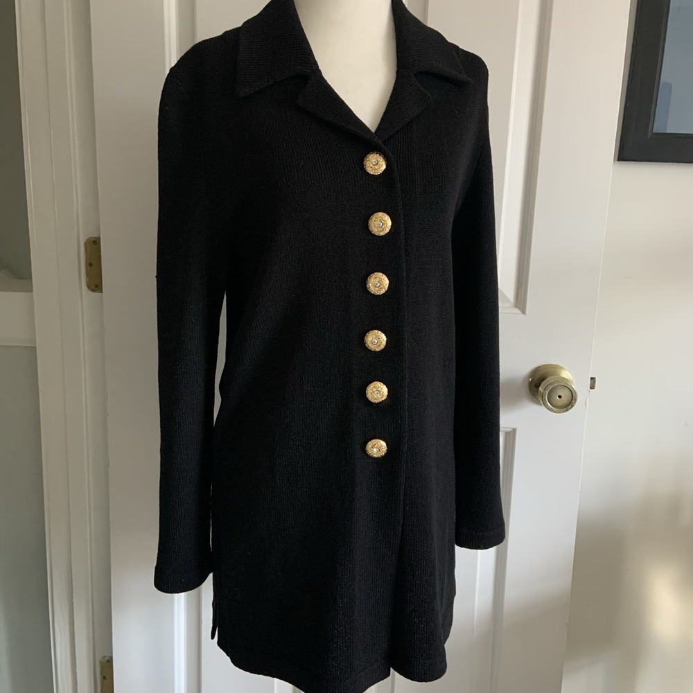 J.S.S. Black Wool Blend Knit Jacket with bright rhinestone buttons women sz S